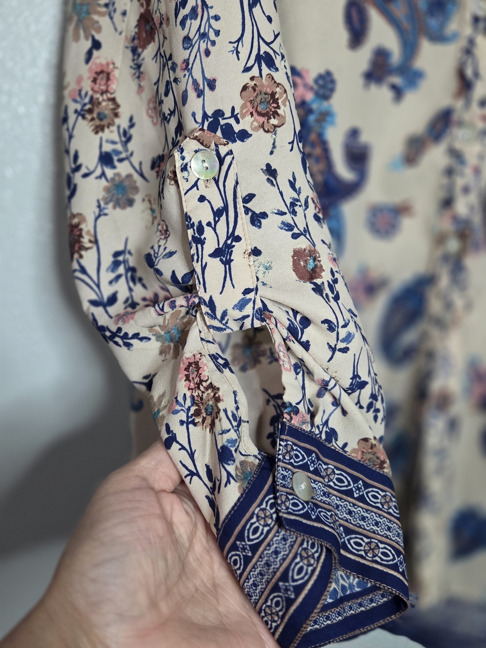 Fig & Flower Boho Paisley Floral Button Up Tunic Blouse-Roll Tab Sleeve-Size Lg - Picture 8 of 11
